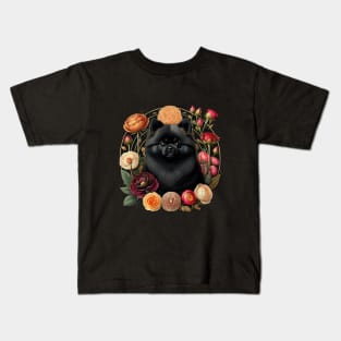 Black Pomeranian In Flower Frame Kids T-Shirt